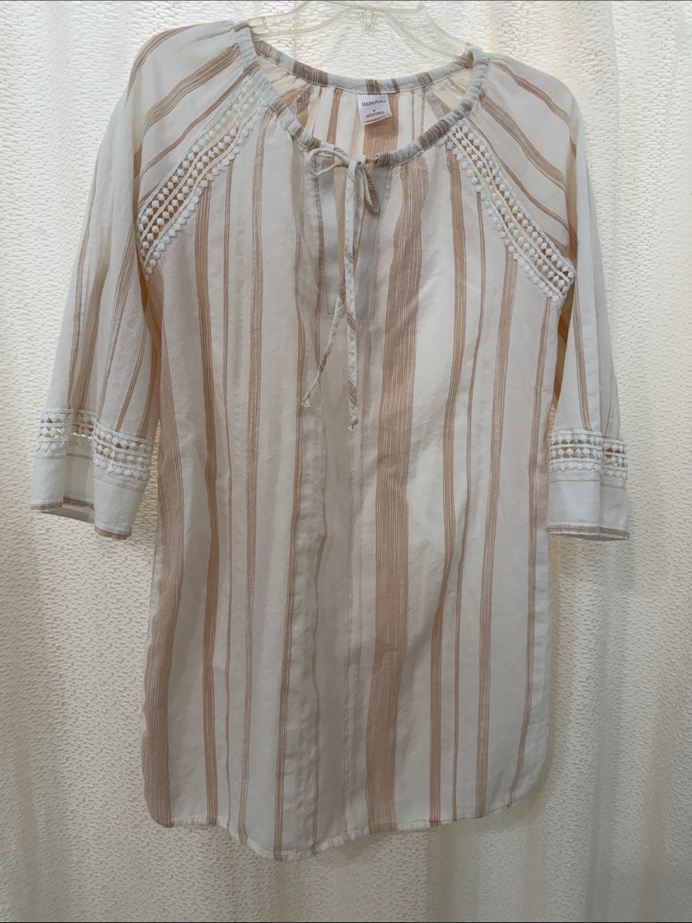 Merona Cream and Beige Striped V-Neck Tunic with Tie